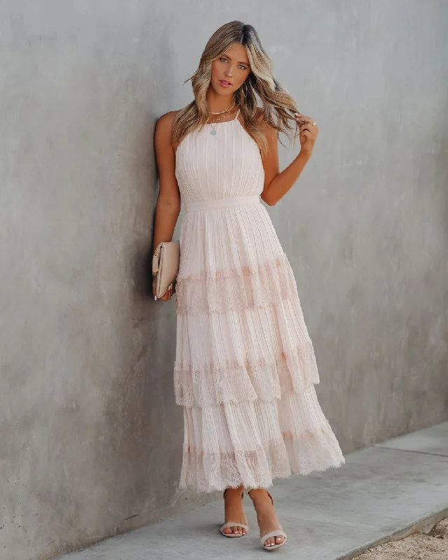 KittenAlarm - Affection Pleated Tiered Lace Maxi Dress - Blush Trendy Off-Shoulder Ruffle Maxi Dress