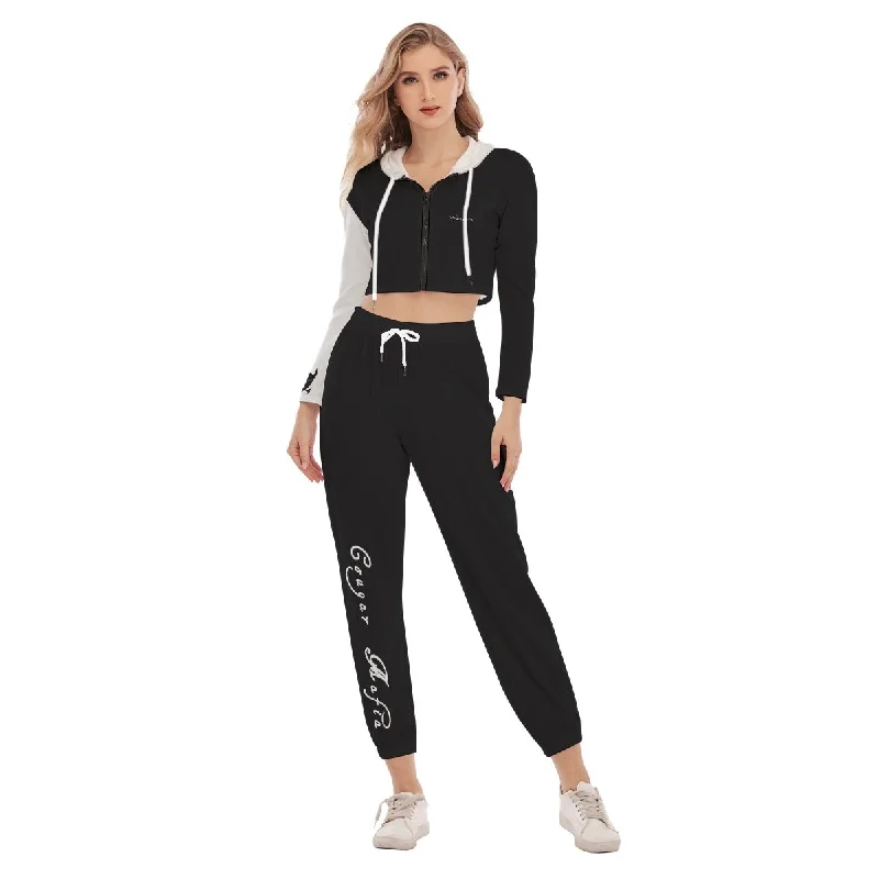 All-Over Print Women's Crop Hoodie Sports Set cougar mafia Hoodie with Puffed Sleeves Voluminous Trendy