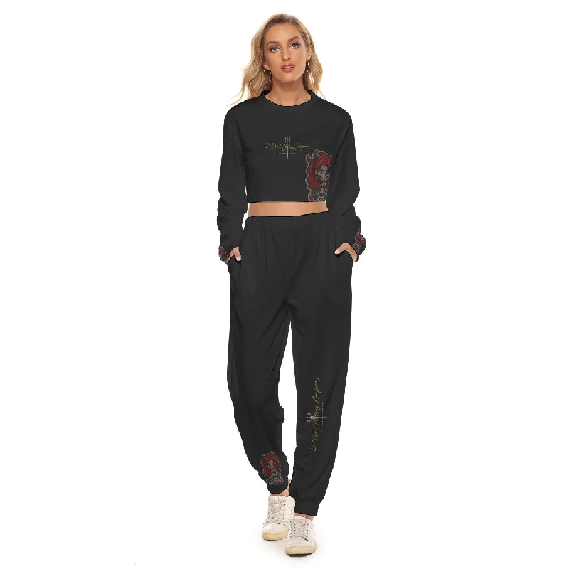 All-Over Print Women's Crop Sweatshirt Suit little devil theme Hoodie with Tied Waist Feminine Flattering