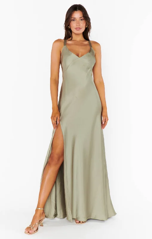 Anderson Maxi Dress ~ Moss Green Luxe Satin Comfortable Plunging Neckline Maxi Dress