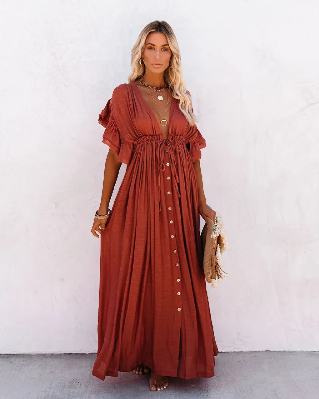 KittenAlarm - Anika Pocketed Button Down Ruffle Maxi Dress - Terracotta Casual Maxi Dress with Pockets