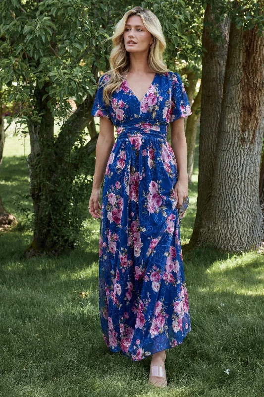 Ardley Maxi Dress | Navy + Pink Floral Elegant Maxi Dress with Drapes