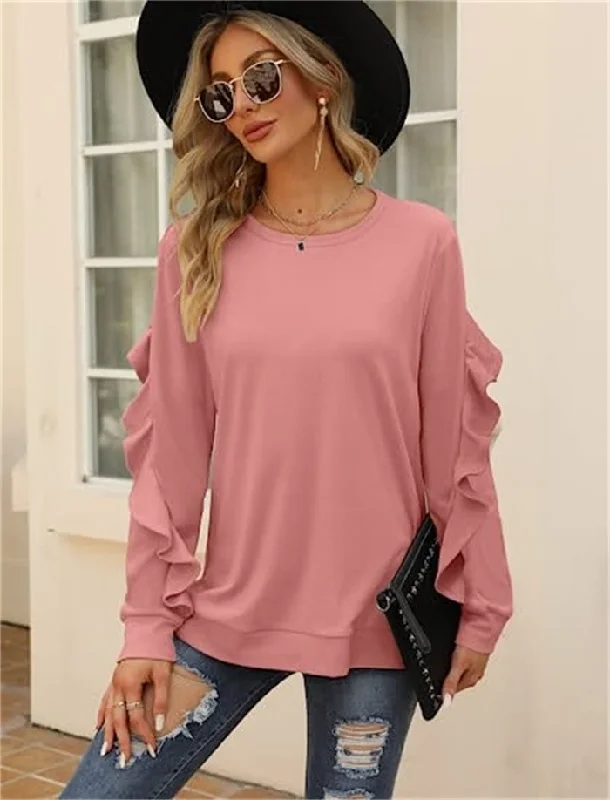 Autumn Winter Women Casual Round Neck Long Sleeve Ruffled Sweatshirt Hoodie with Strings Custom Fit Adjustable