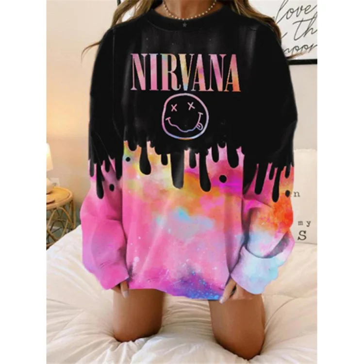 Autumn Winter Women Round Neck Letter Printed Loose Sweatshirt Hoodie with Front Slit Layering Stylish