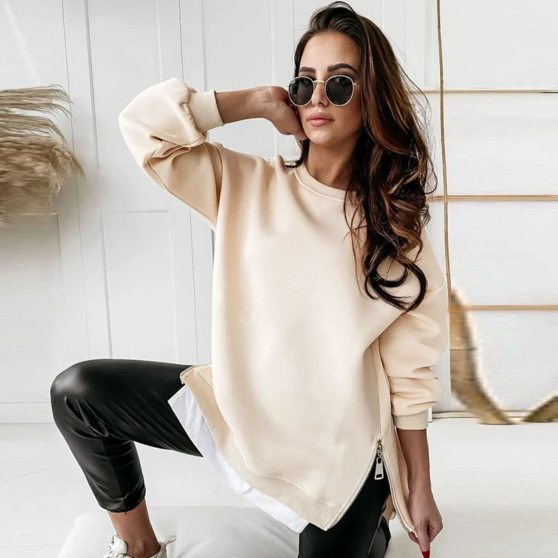 Autumn Winter Women Round Neck Side Zipper Solid Color Casual Sweatshirt Hoodie with Color Block Contrast Stylish