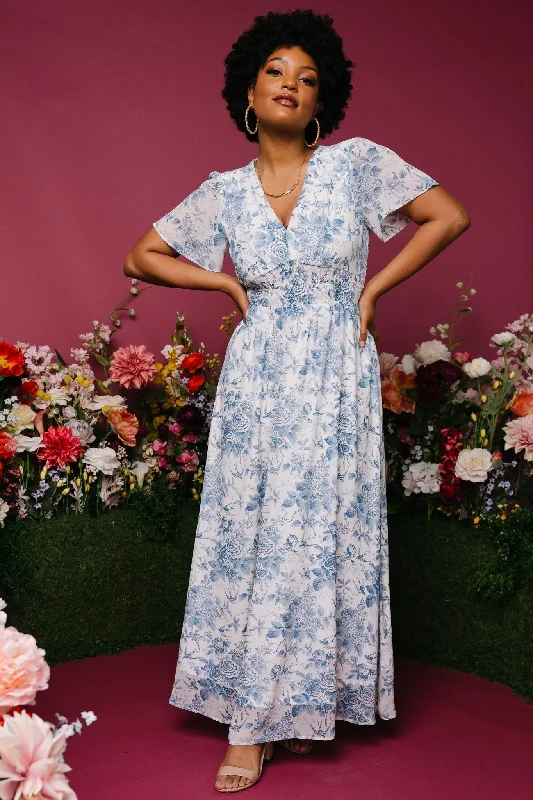 Birdie Maxi Dress | Off White + Blue Casual Maxi Dress with Pockets