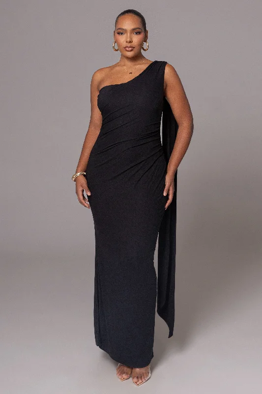 Black Kianna Drape Maxi Dress Comfortable Satin Maxi Dress