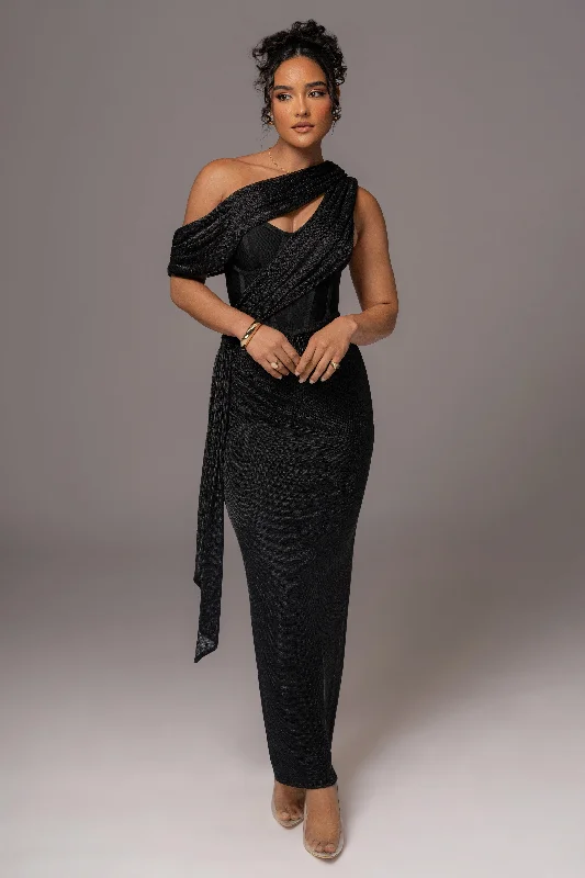 Black Metallic Celestina Draped Maxi Dress Fashionable High-Waist Maxi Dress