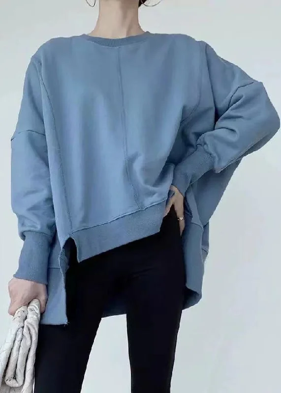 Blue Cotton Loose Sweatshirt O-Neck Low High Design Spring Hoodie with Crew Neck Simple Timeless