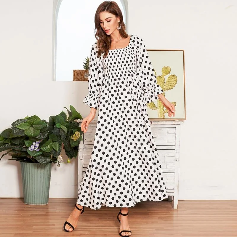 FashionSierra - Boho Polka Dot Long Dresses Women Flounce Sleeve Square Collar Summer Dress Women Maxi Dress Vestidos Trendy Maxi Dress with Lace