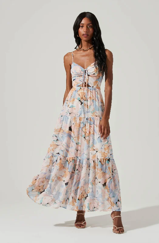 Brandy Floral Cinched Front Cutout Maxi Dress Comfortable Fit-and-Flare Maxi Dress