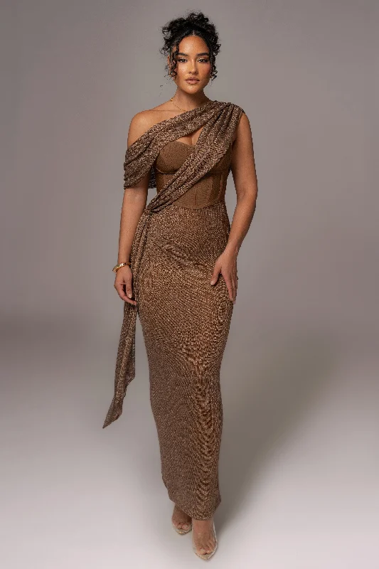 Bronze Metallic Celestina Draped Maxi Dress Trendy Maxi Dress with Straps