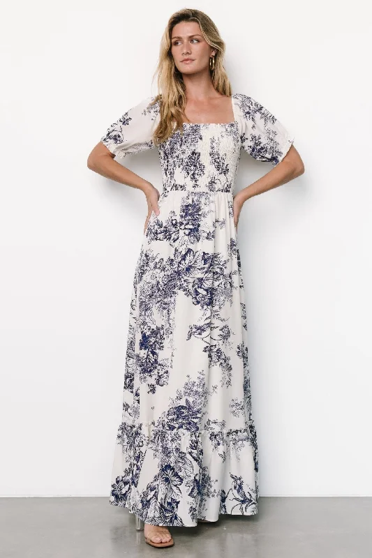 Capri Smocked Maxi Dress | Ivory + Blue Floral Comfortable Maxi Dress with Sleeves