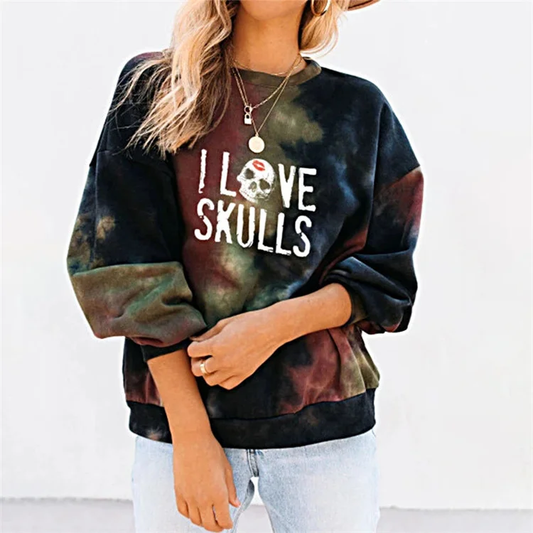 Casual Women Sweater Tie Dye Skull Letter Print Round Neck Sweatshirt Graphic Hoodie Design Print