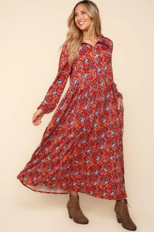 Collared Floral Maxi Dress - Burgundy Fashionable Button-Down Maxi Dress