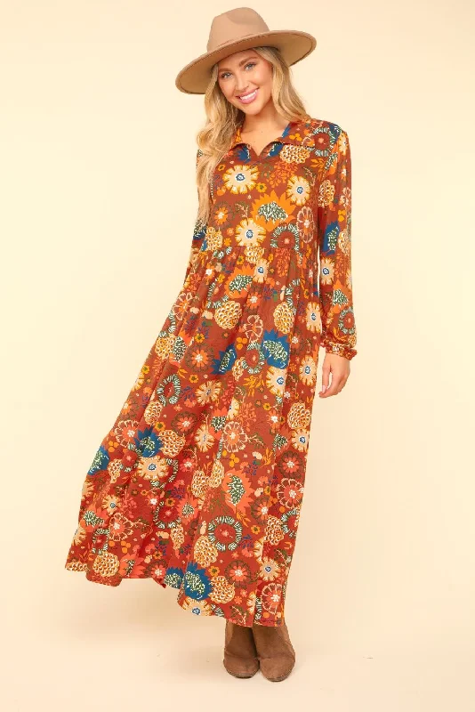 Collared Floral Maxi Dress - Rust Trendy Printed Maxi Dress