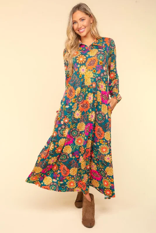 Collared Floral Maxi Dress - Teal Elegant Maxi Dress with Pockets