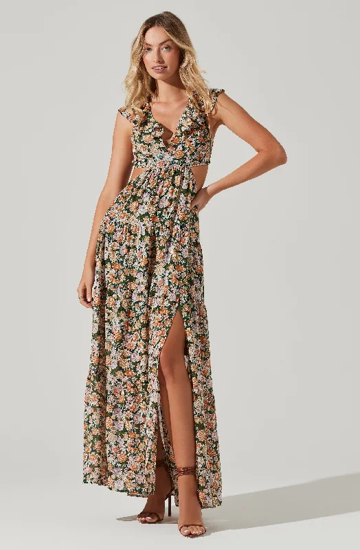 Floral Ruffle Cutout Maxi Dress Elegant Sleeveless Maxi Dress