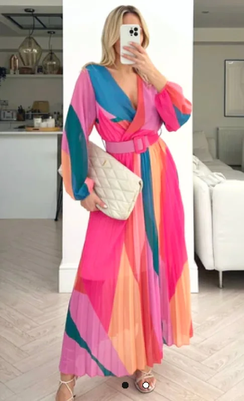 MULTI PATTERNED PLEATED LONG SLEEVE MAXI DRESS - Pink Comfortable Cotton Maxi Dress