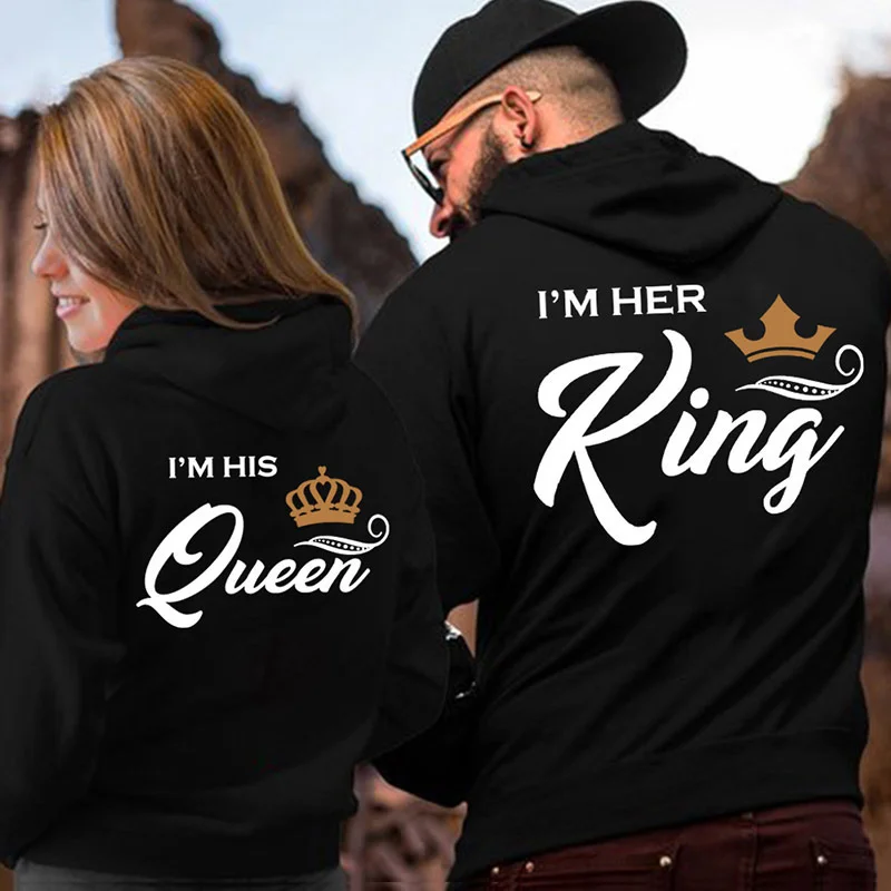 Couple Outfit Her King His Queen Letter Printed Couple Hooded Sweatshirt Hoodie with Color Block Contrast Stylish