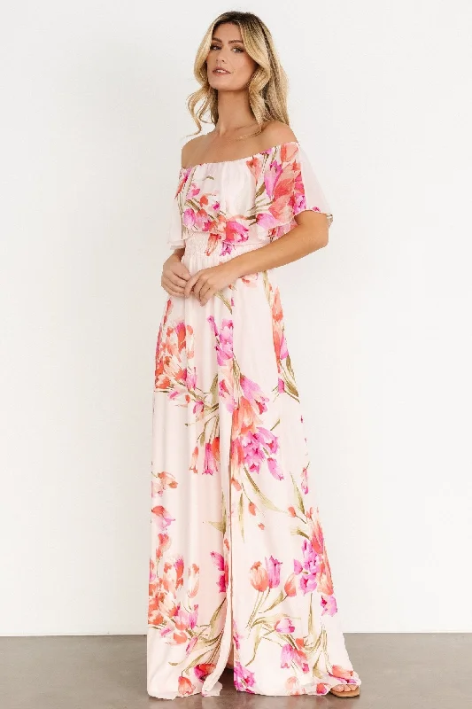 Daphne Off Shoulder Maxi Dress | Blush Floral Stylish Boho Chic Maxi Dress