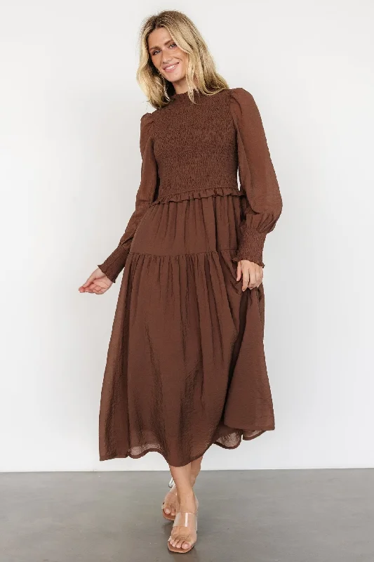 Daria Smocked Maxi Dress | Brown Elegant Maxi Dress with Pockets