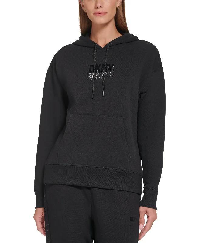 DKNY Sport Womens Rhinestone Logo Hooded Sweatshirt Hoodie with Mesh Breathable Sporty