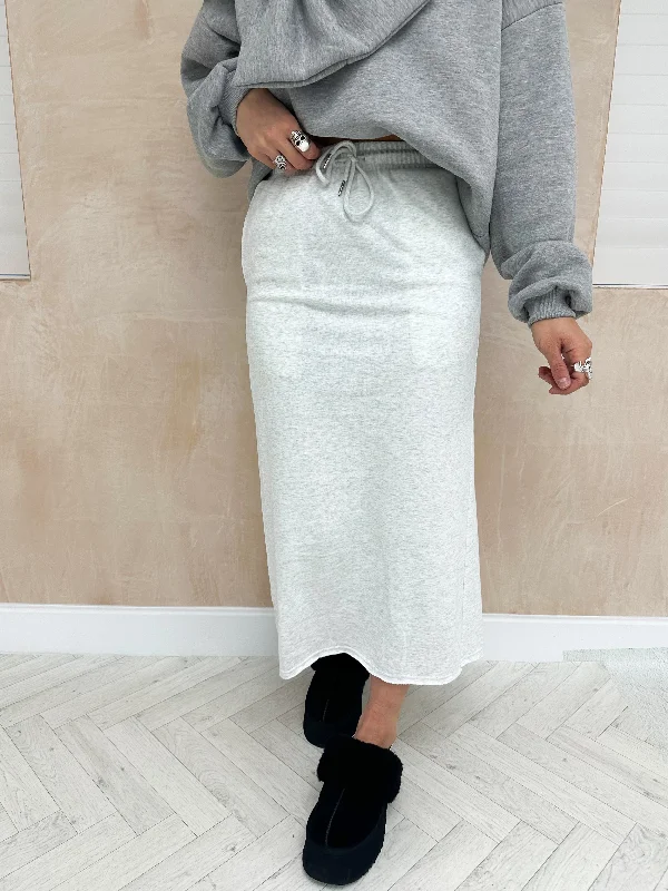 Drawstring Sweatshirt Style Midi Skirt In Light Grey Hoodie with Rolled Sleeves Casual Relaxed