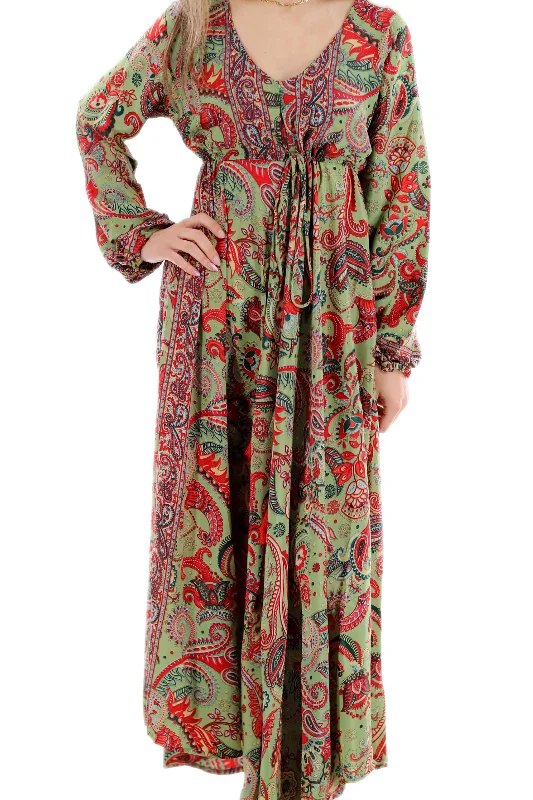 Long Flowy Floral 'Emilia' Maxi Dress - Green/Red (2024) Comfortable Maxi Dress with Belt