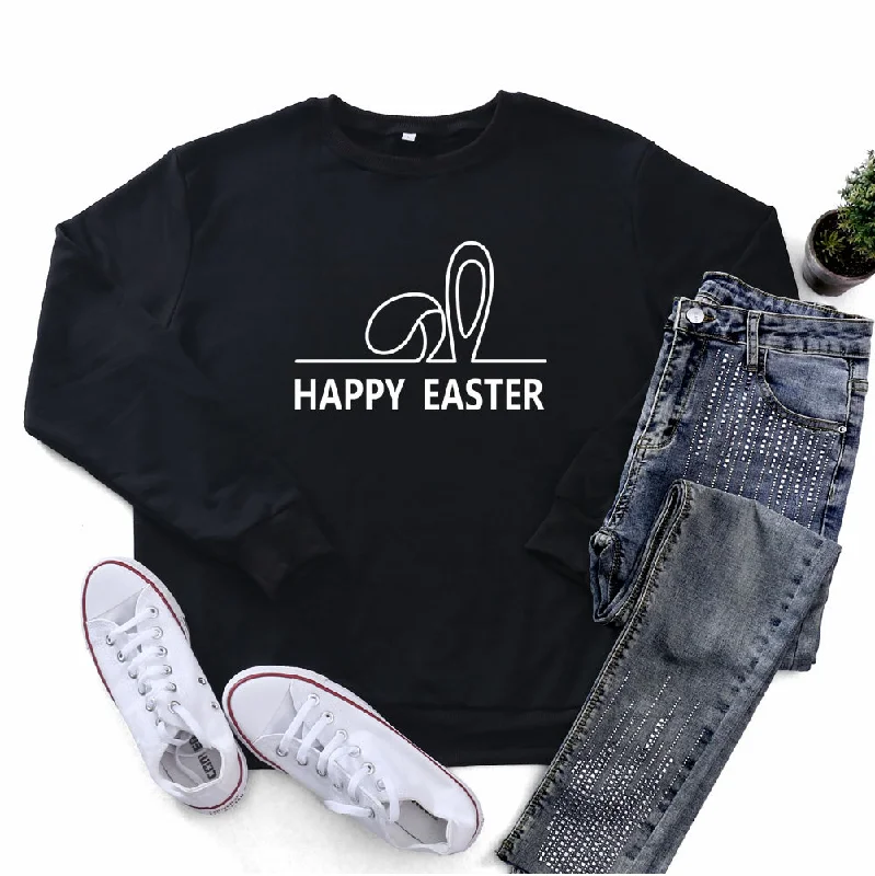 Easter Fashion Ladies Long Sleeve Bunny Ears Printed Round Neck Sweatshirt Hoodie with Thumb Holes Functional Cozy