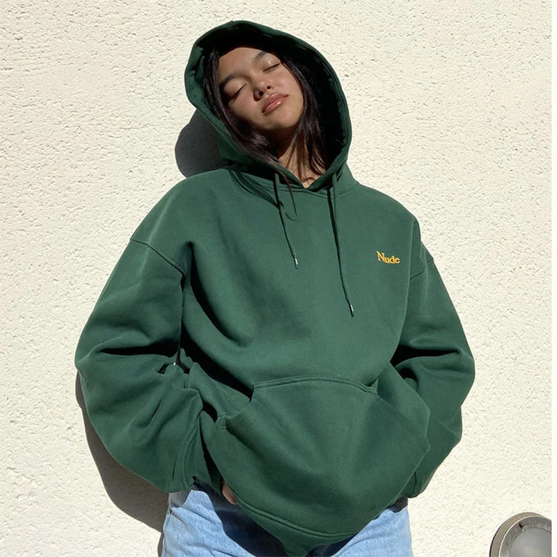 Fashion Casual Letter Printing Women'S Loose Long-Sleeved D.Green Top Sweatshirts Hoodie with Cuffed Sleeves Snug Secure