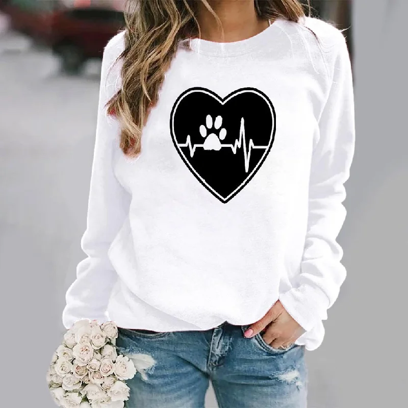 Fashion Women Casual Long Sleeves Round Neck Footprint Heart Print Sweatshirt Hoodie with Pattern Geometric Abstract