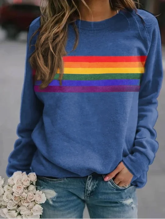 Fashion Women'S Multicolor Stripe Printed Round Neck Pullover Long Sleeve Sweatshirt Hoodie with Hem Contrast Bold Stylish