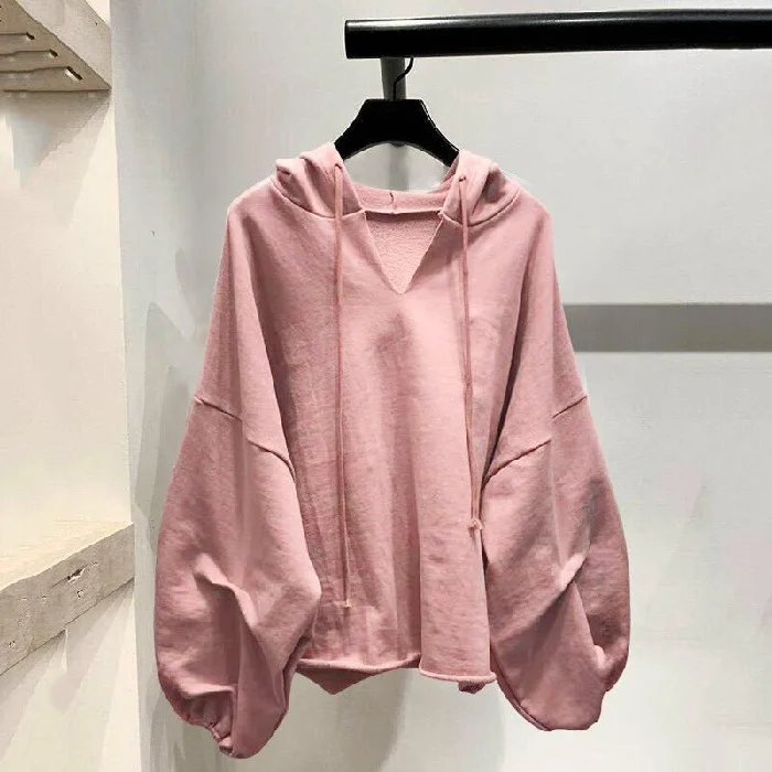 Fashion Young Women Large Size Solid Color V-Neck Puff Sleeve Loose Hoodie Hoodie Sweatshirt Pullover