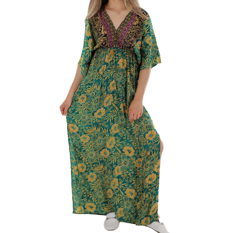 Floral Flowy 'Viola' Maxi Dress with Mid Length Sleeves Comfortable Pleated Maxi Dress