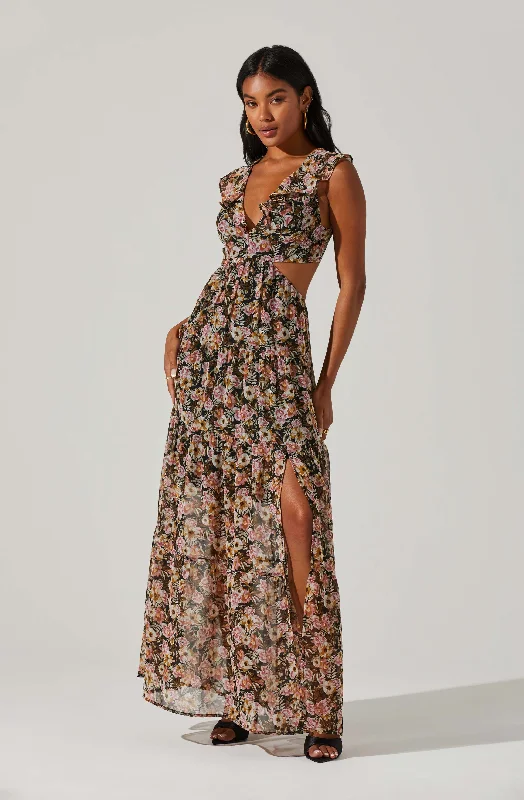 Floral Ruffle Cutout Maxi Dress Elegant Velvet Maxi Dress