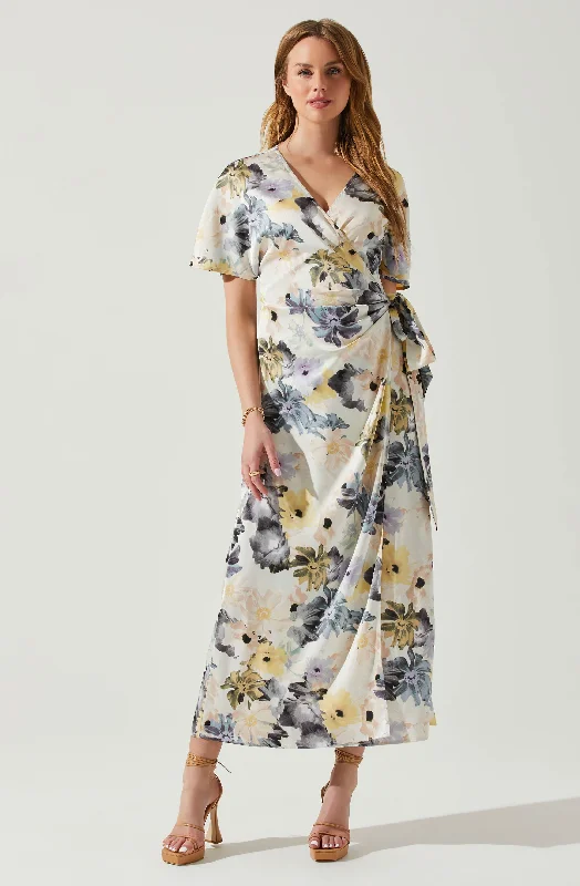 Floral Short Sleeve Wrap Front Maxi Dress Cozy Open-Back Maxi Dress