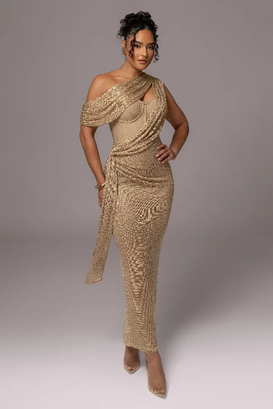 Gold Metallic Celestina Draped Maxi Dress Trendy Off-Shoulder Ruffle Maxi Dress