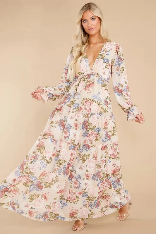 Gracefully Yours Floral Chiffon Boho Maxi Dress Cozy Maxi Dress with Slit