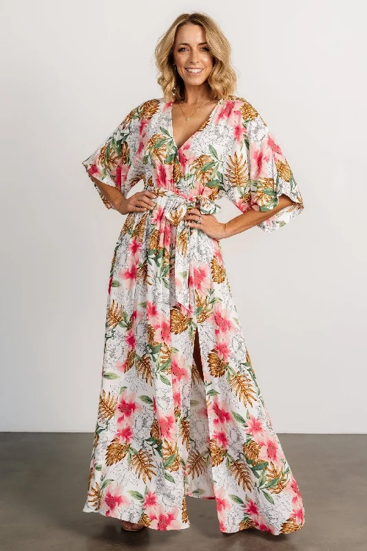 Harmonia Kimono Maxi Dress | White Multi Print Classic Tulle Maxi Dress