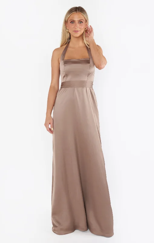 Hazel Halter Maxi Dress ~ Dune Luxe Satin Cozy Maxi Dress with Slit