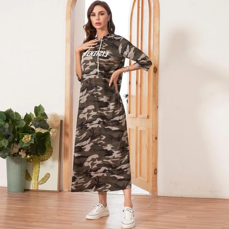 FashionSierra - Hooded Dress Women Camouflage Casual Letter Print Dresses Woman Three Quarter Sleeve Ladies Maxi Dress Elegant Maxi Dress with Pockets