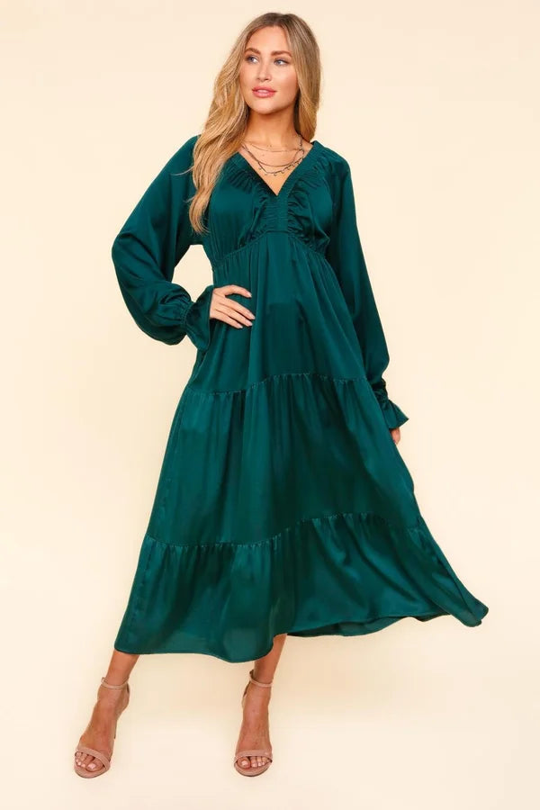 Satin Babydoll Maxi Dress - Hunter Green (Shipping in 1-2 Weeks) Stylish Maxi Dress with Pleats