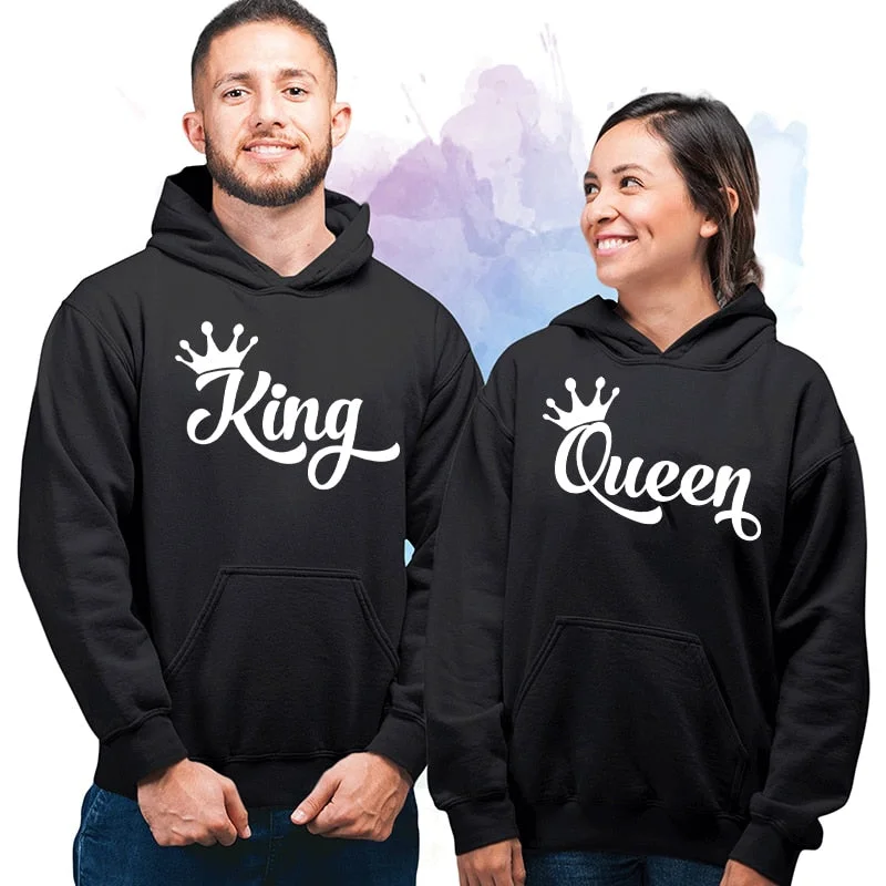 King or Queen Letters Printed Crown Design Couple Hooded Sweatshirt Men Autumn Winter Streetwear Lover Casual Pullover Hoodies Hoodie with Belted Waist Structured Tailored