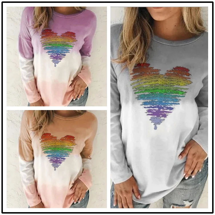 Long-Sleeved Women Round Neck Autumn Winter Casual Tie-Dye Heart Print Sweatshirt Hoodie with Neon Bright Vibrant