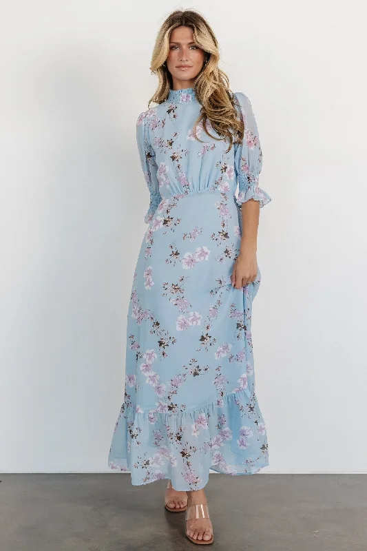 Marie Mock Neck Maxi Dress | Sky Blue Floral Stylish V-Neck Maxi Dress