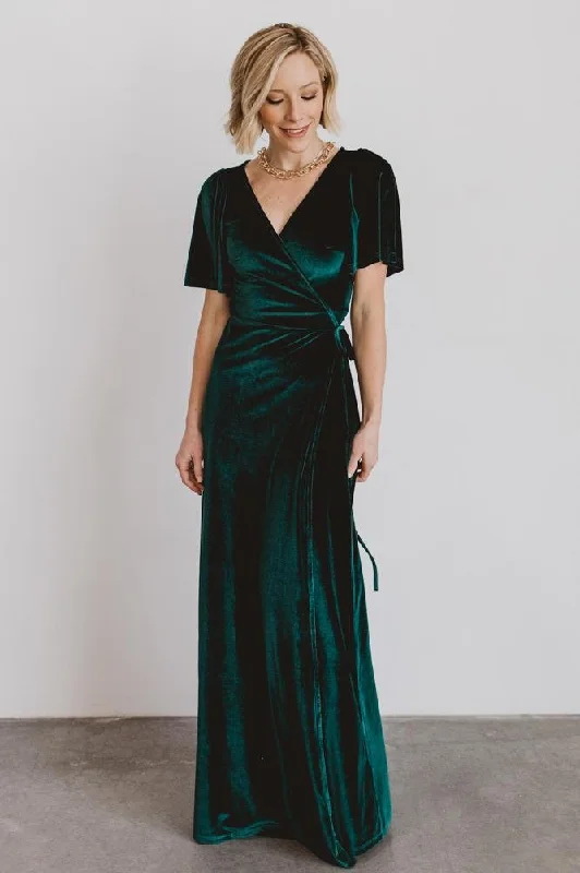 Meghan Velvet Wrap Maxi Dress | Emerald Fashionable High-Low Maxi Dress