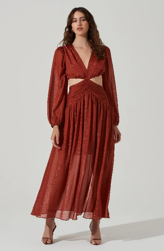 Metallic Twist Cutout Waist Maxi Dress Fashionable High-Low Maxi Dress