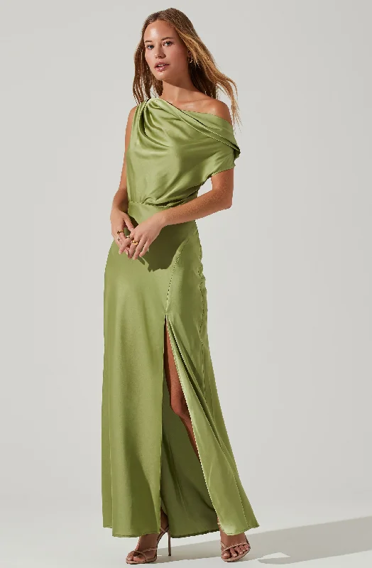 Monroe Satin Off Shoulder Maxi Dress Classic V-Neck Maxi Dress