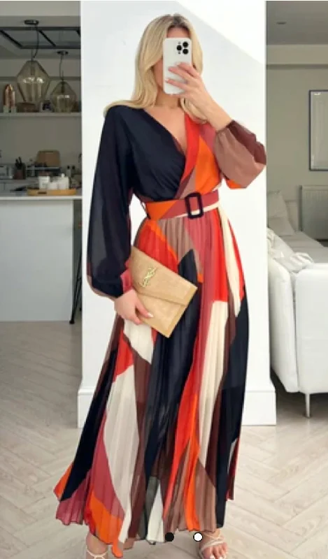 MULTI PATTERNED PLEATED LONG SLEEVE MAXI DRESS -Black Fashionable Chiffon Maxi Dress